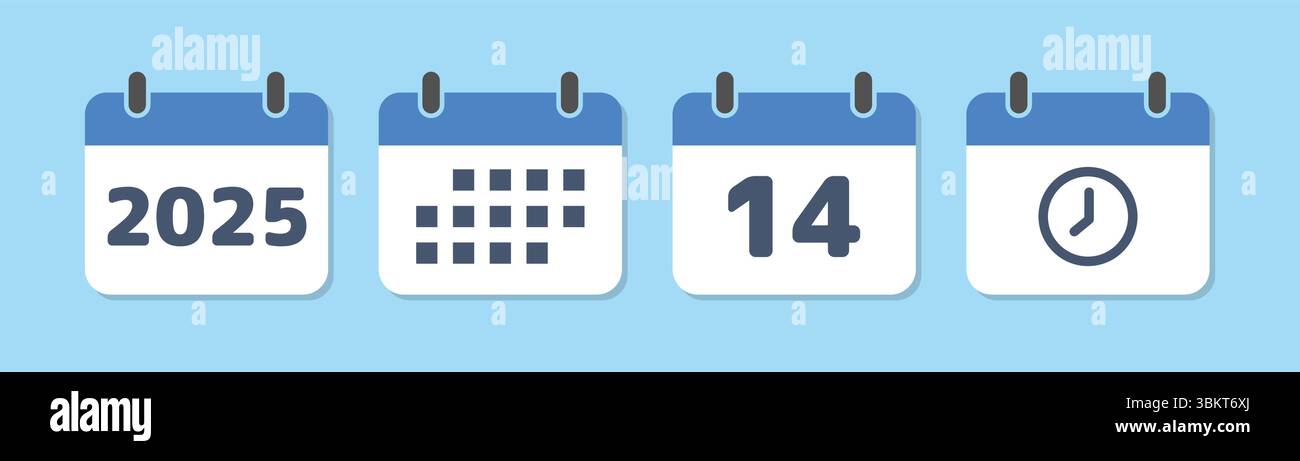 Kalendersymbol mit Uhrzeit und Datum in flacher Form. Jahr, Datum, Zeichnungszeichen im Kalender, Erinnerung an den Ereigniskalender, Termin, Zeitplanvorlage Stock Vektor