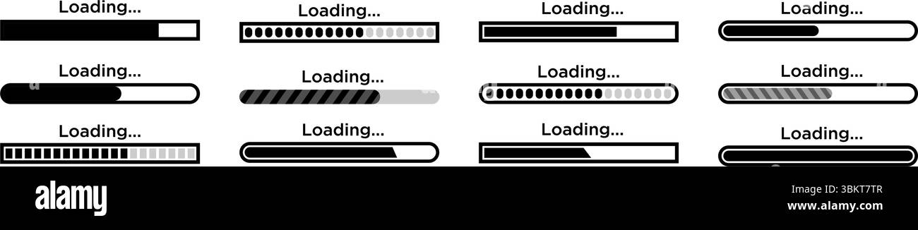 Symbol wird geladen, Mausklick, wlan-Zeichen, Pufferlader, Vektorsatz für Fortschrittsbalken. Symbol der Kreislastatusleiste, horizontale Geschwindigkeitsanzeige Stock Vektor