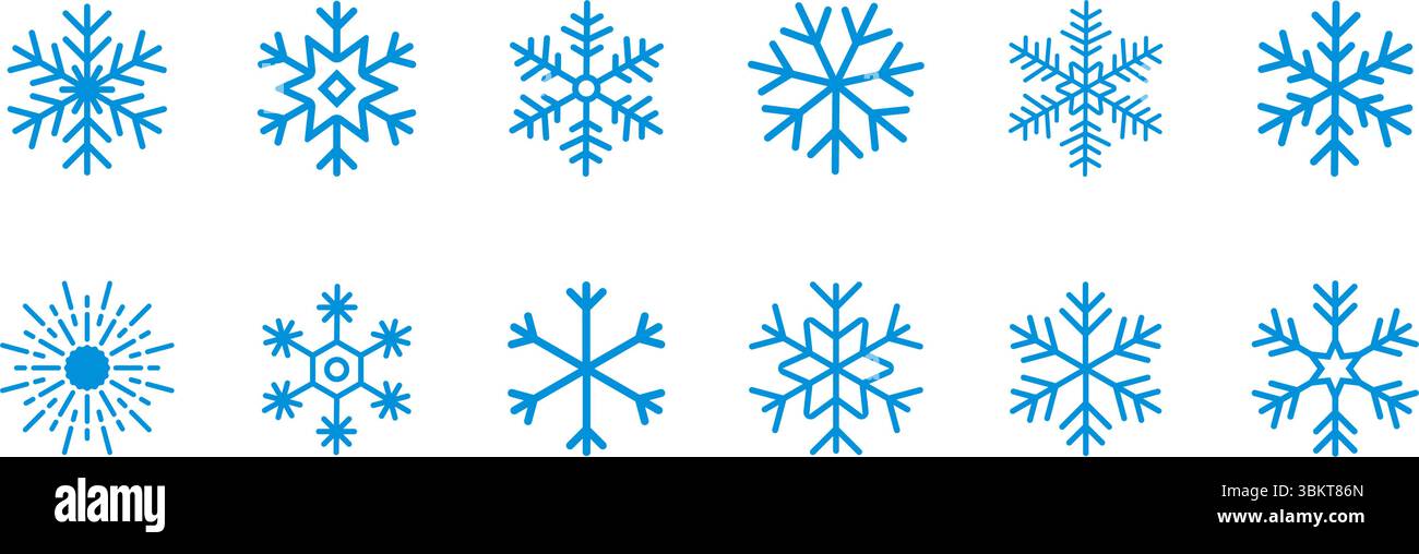 Schneeflocken, Schneeflocken-Vektor-Icon-Pack, Schneeflocken Winter horizontale Vorlage, blaue Schneeflocken-Symbole isoliert auf weißem Hintergrund, Vektor-Illustration Stock Vektor