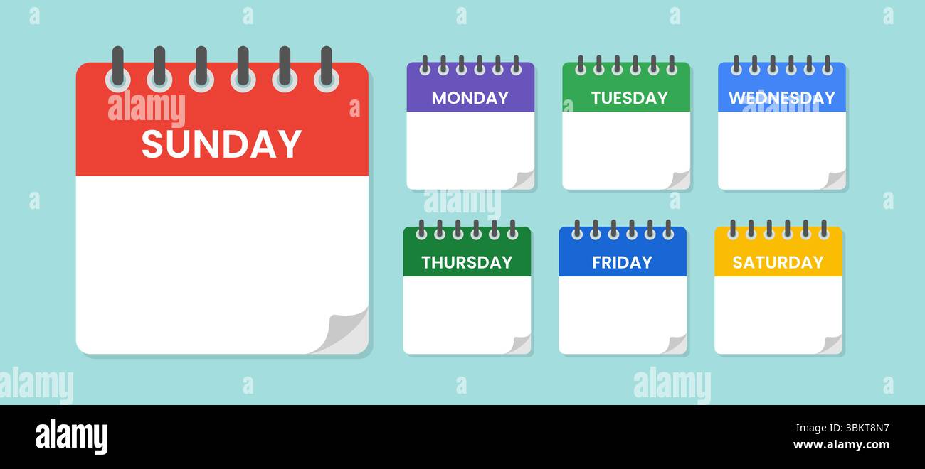 Vektorgrafik des flachen Symbols des Wochenkalenders. Symbolsatz für jeden Wochentag, leerer Wochenkalender mit sieben Tagen, wöchentliche Kalendervorlage Stock Vektor