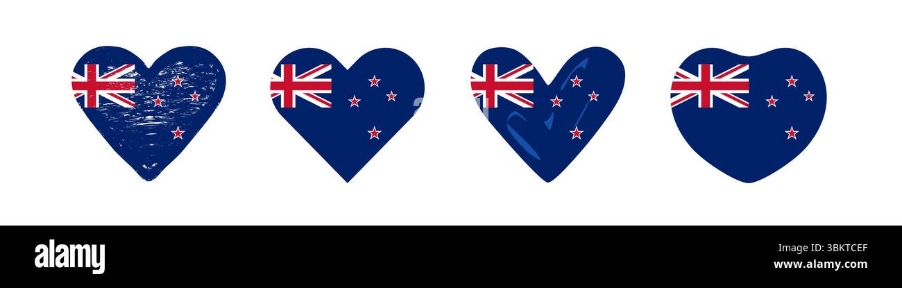 New Zealand Flag Heart Kollektion. Satz kreativer NZ-Flaggen in den Herzen. Niedliche Herzformen. Urlaubs- oder Reisesymbole. Schaltfläche „Web-Sonderangebot“ Stock Vektor
