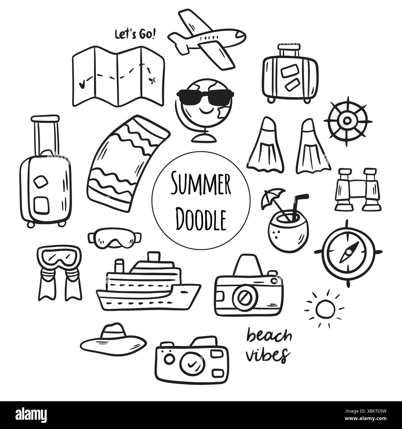 Setzen Sie die Kritzelschilder für die Reise. Tourismus und Sommerabenteuer. Clip-Art-Elemente für unterwegs. Stock Vektor