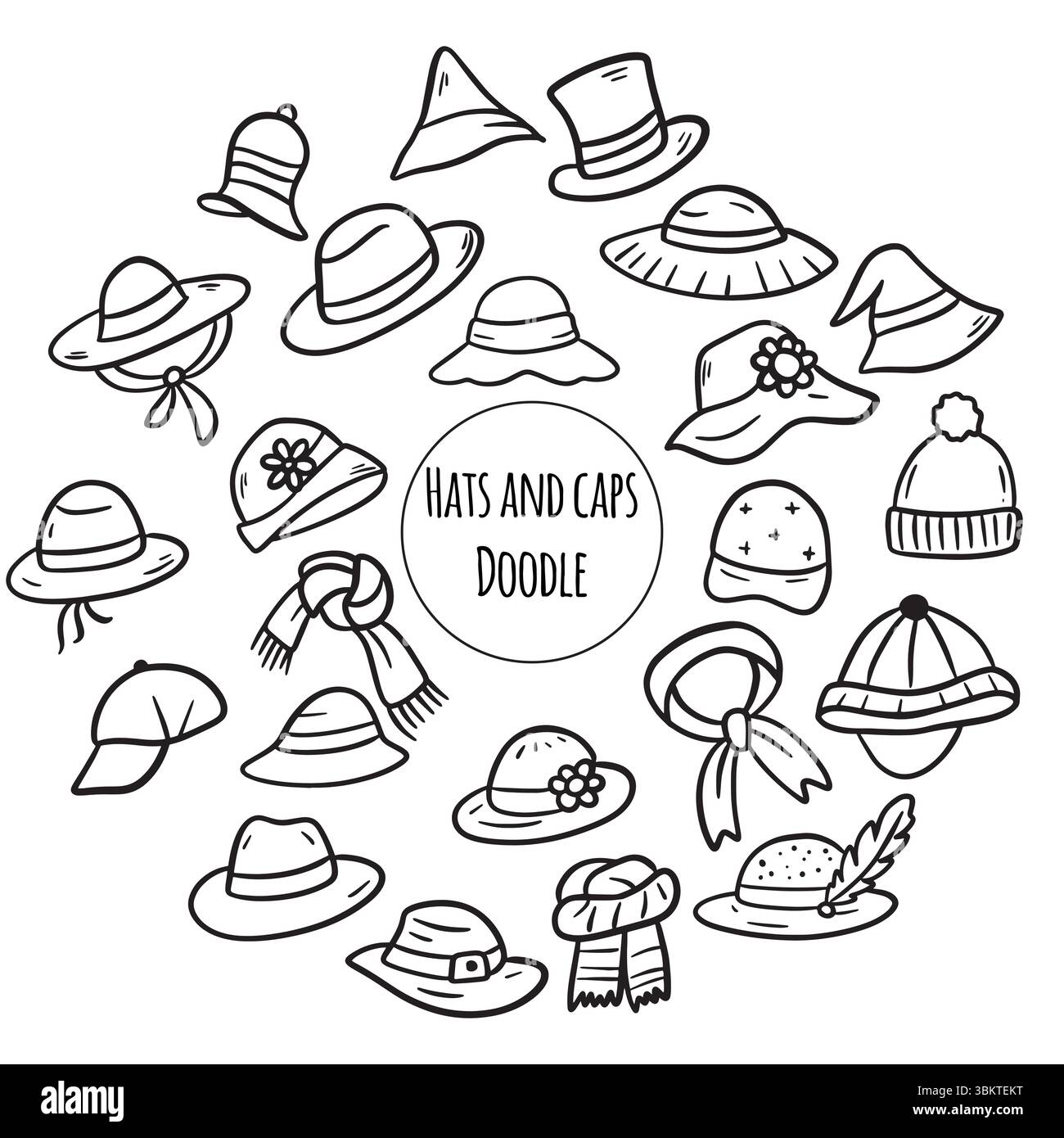 Set von Doodles Illustration von Hüten und Kappen. Dünne Kunst über Kleidung. Stock Vektor