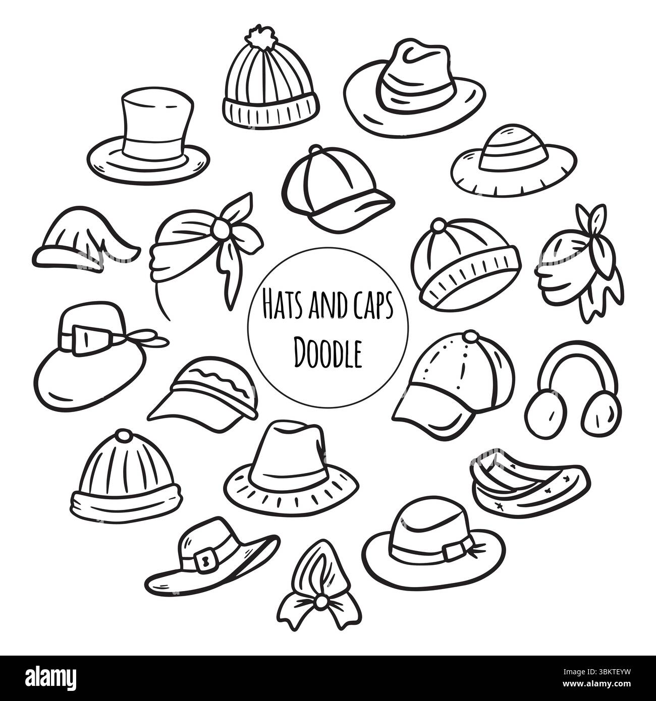 Set von Doodles Illustration von Hüten und Kappen. Dünne Kunst über Kleidung. Stock Vektor