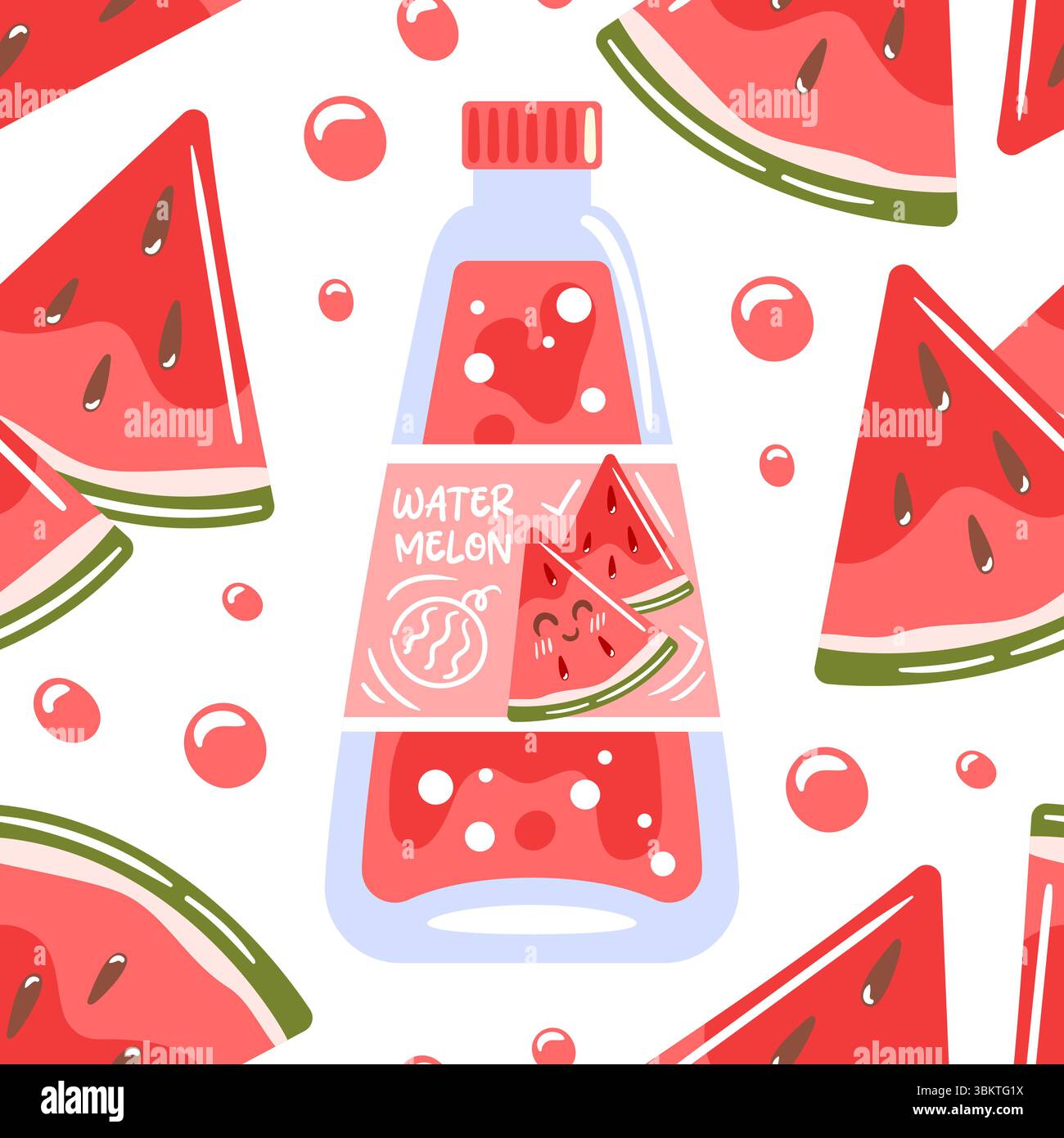 Nahtloses Muster mit Wassermelonensoda in einer Glasflasche, ergänzt durch saftige Wassermelonenstücke, die ein lustiges und erfrischendes Design schaffen, ideal für Stock Vektor