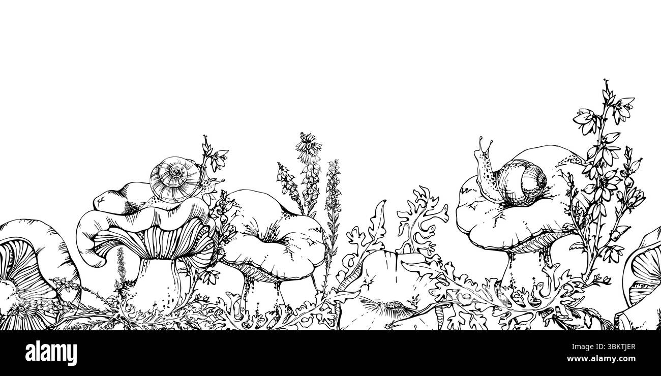 Russula Webcap Pilz, Schnecke oben, Moosflechten, Heidekraut Blumen. Nahtloser Bannerkopf, handgezeichnet in Vektortinte. Waldboden-Lebensraum Stock Vektor