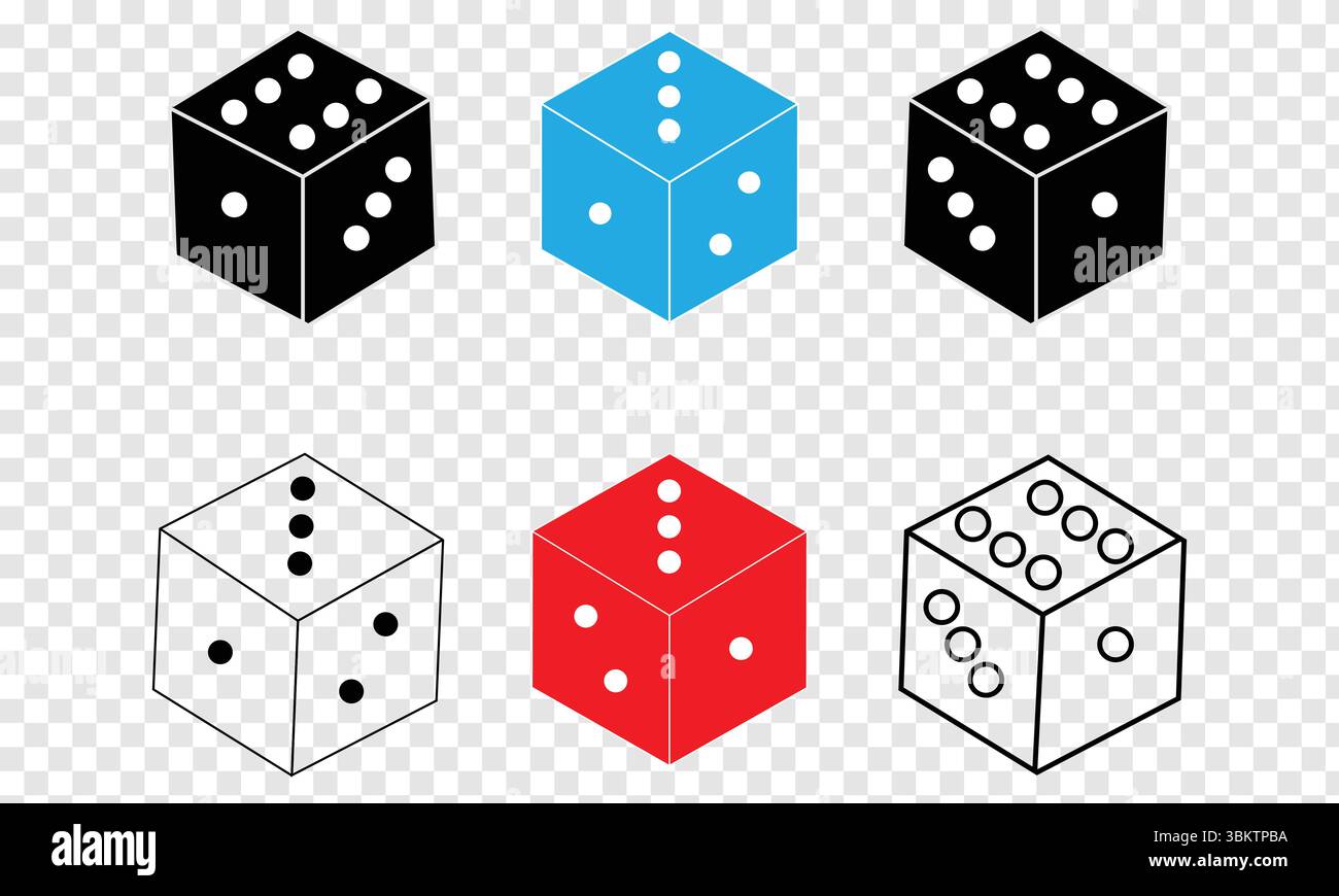 Bunter Würfelhaufen auf weißem Hintergrund - perfekt für Brettspiele und Casino-Nächte Stock Vektor