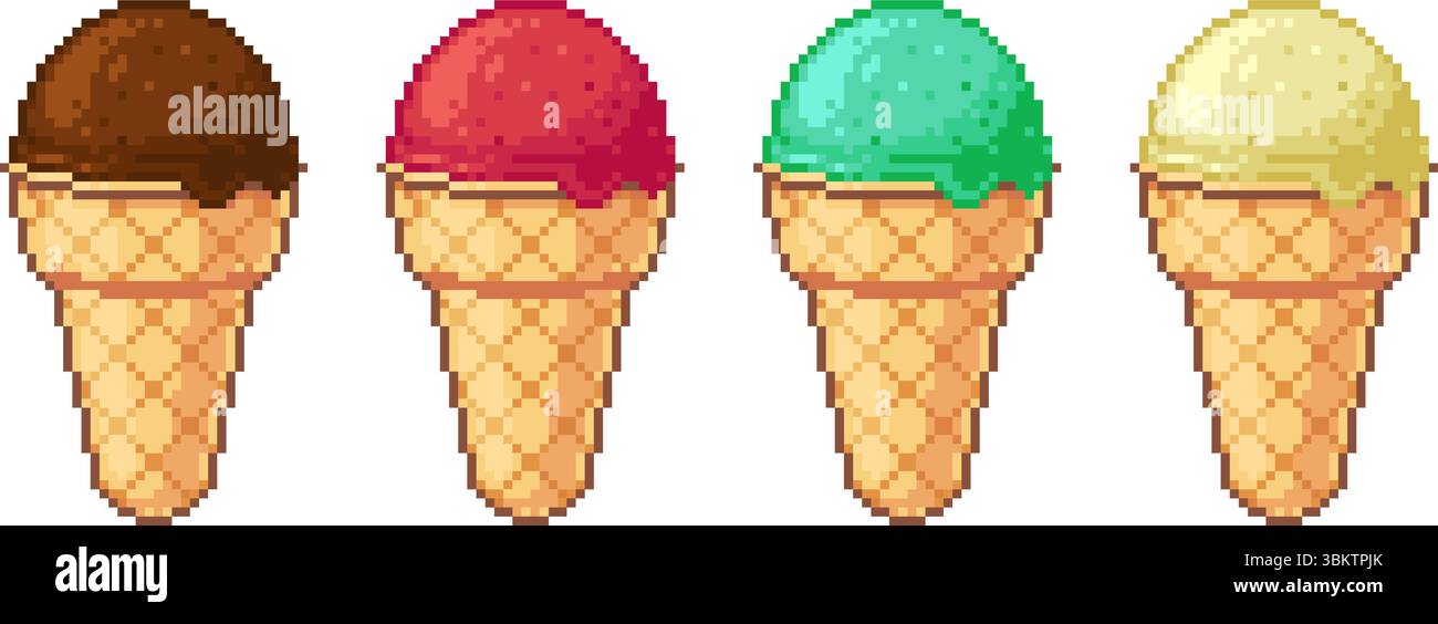 Pixel Art Eiskegel mit vier bunten Schaufeln, Vektor Stock Vektor