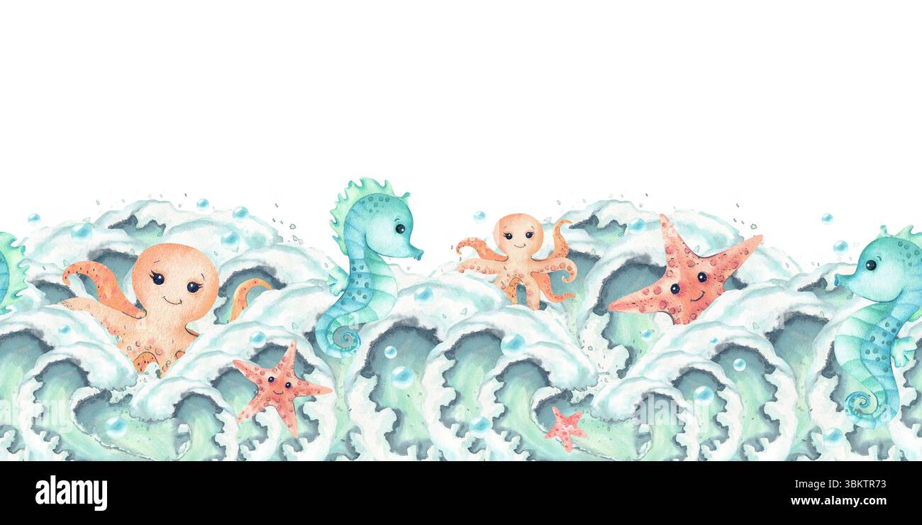 Kraken Seestern Seepferdchen Zeichen auf Wellenwaben nahtlose Grenze horizontal. Aquarellzeichen Kinderillustration. Lebewesen Meer, Meer Stockfoto