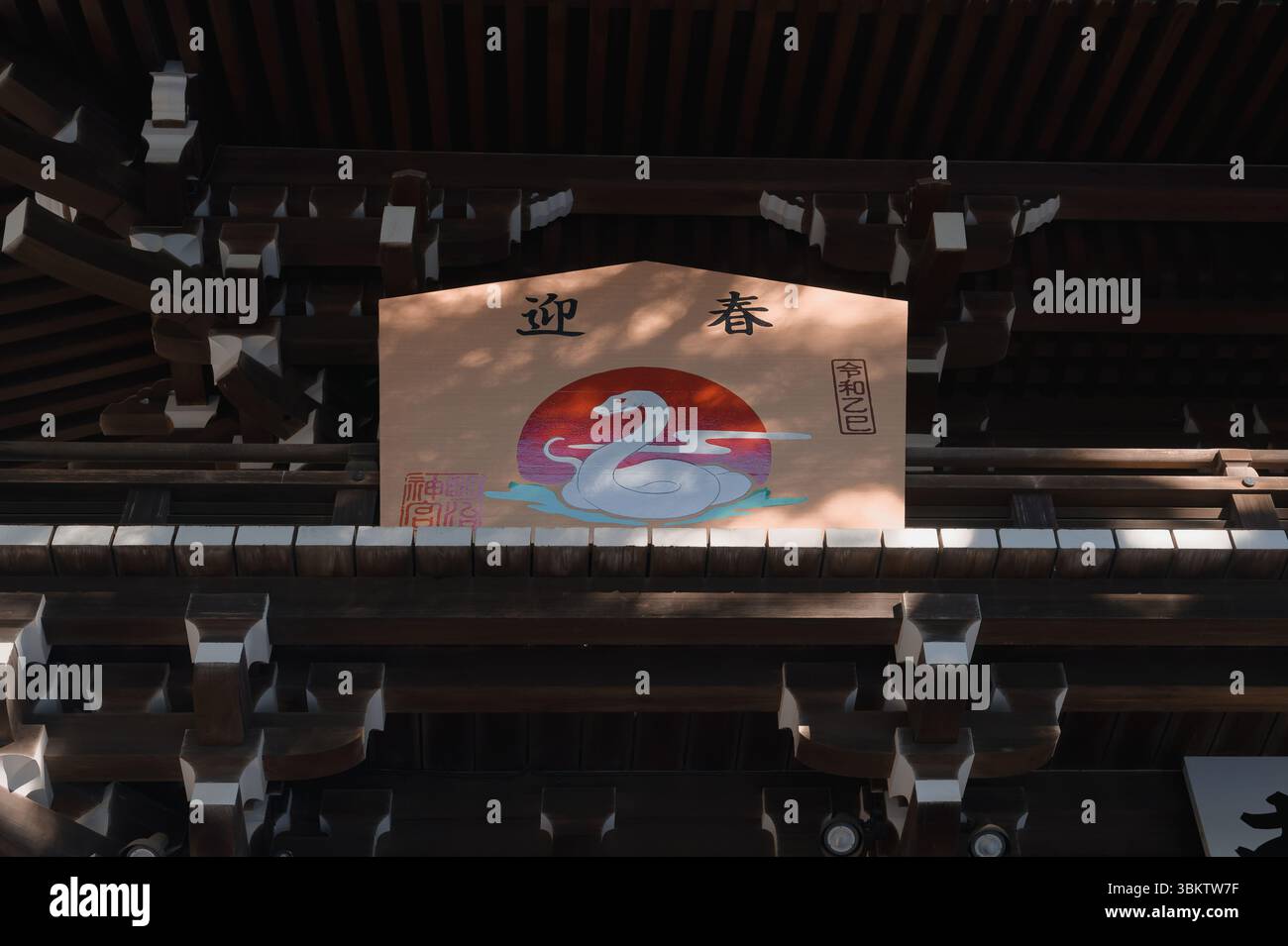 Eine Neujahrstafel am Meiji Jingu-Schrein zeigt eine weiße Schlange unter der aufgehenden Sonne Stockfoto