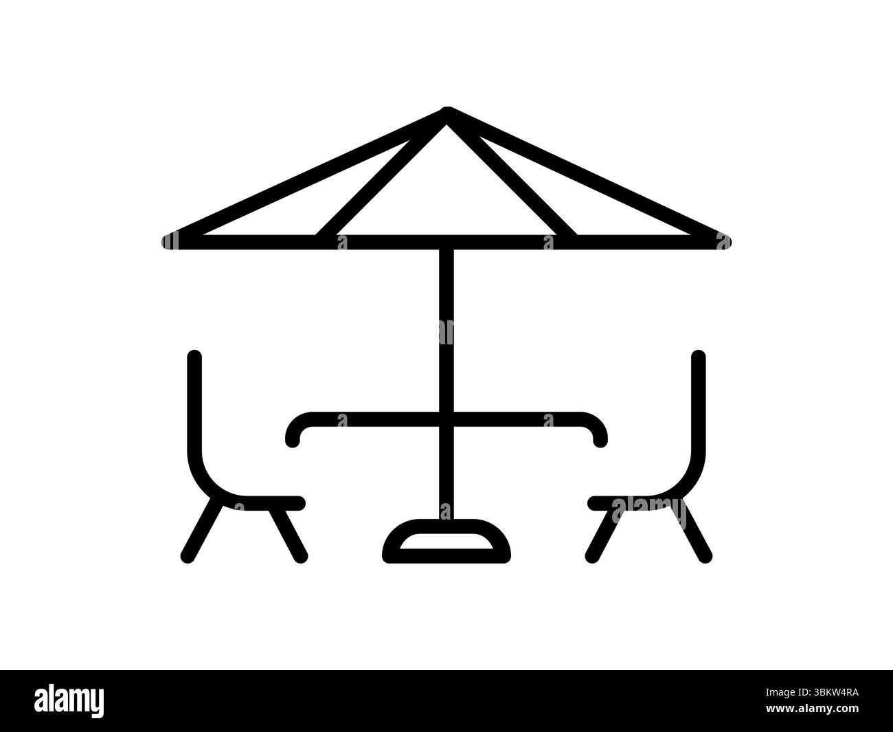Symbol für die Terrassenlinie. Zwei Stühle, Tisch, Schirm. Urlaubs-Café-Konzept. Tourismusreiseidee. Tropisches Reiseziel. Restaurant am Strand Schild. Vektor Stock Vektor