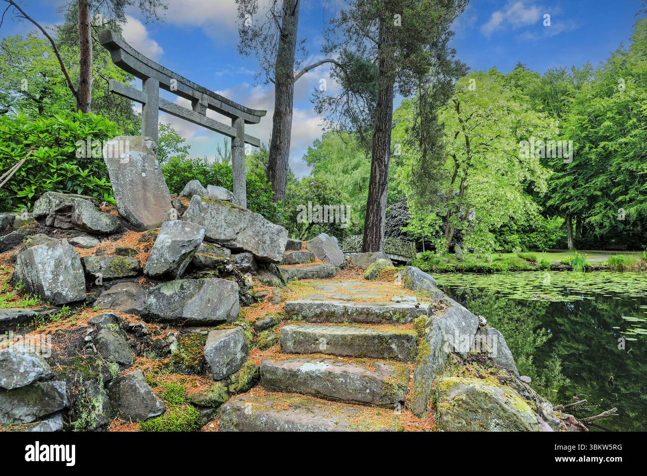 Ein Torii-Tor, ein traditionelles japanisches Tor, der Japanische Garten im Tatton Park, Cheshire England, Großbritannien Stockfoto