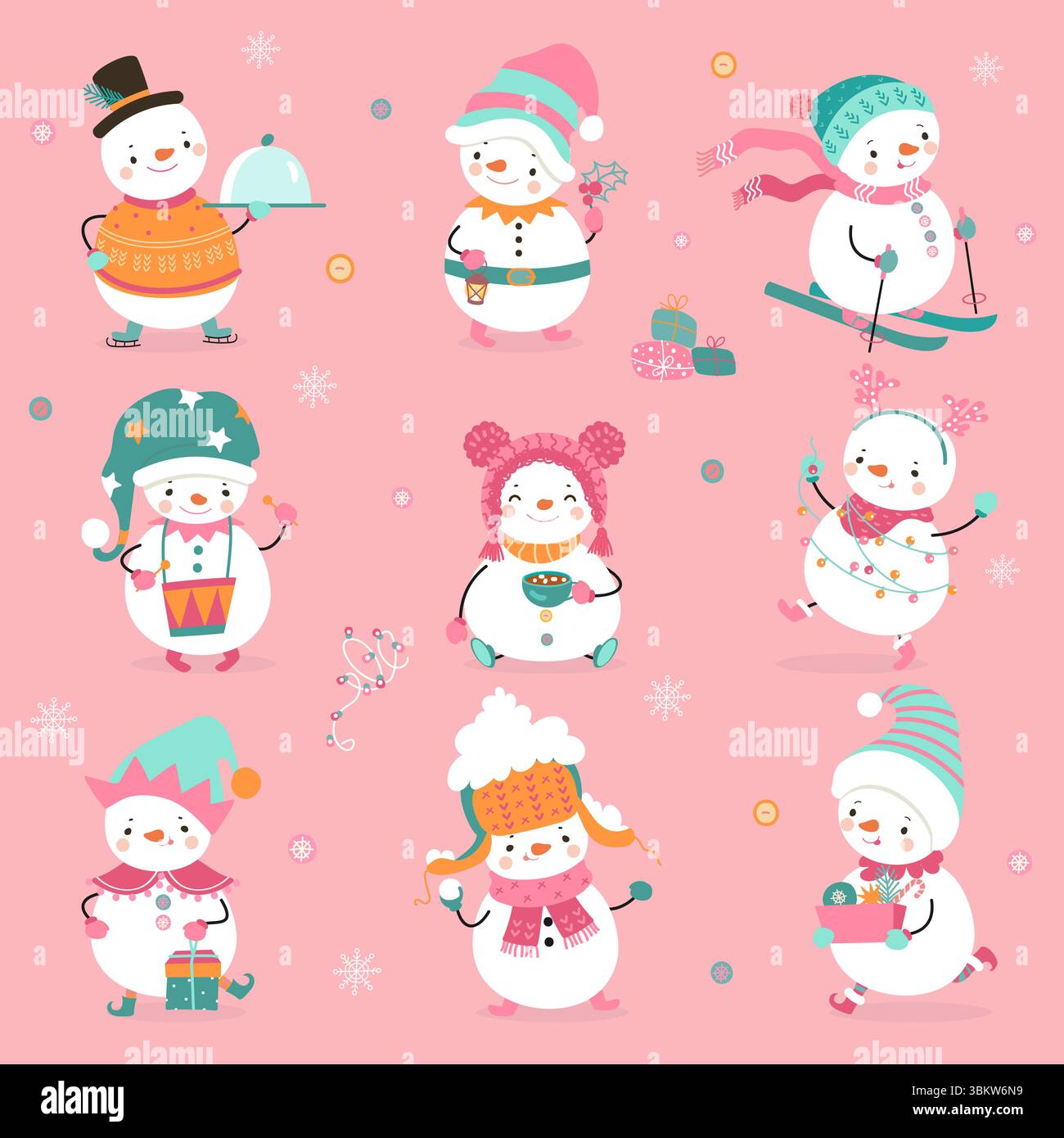 Cartoon Schneemann. Lustige Schneemänner, verschiedene Posen, Winter positive Charaktere. Weihnachtsfeiertage, Silvester-Maskottchen mit Girlande und heißem Getränk, heute Stock Vektor