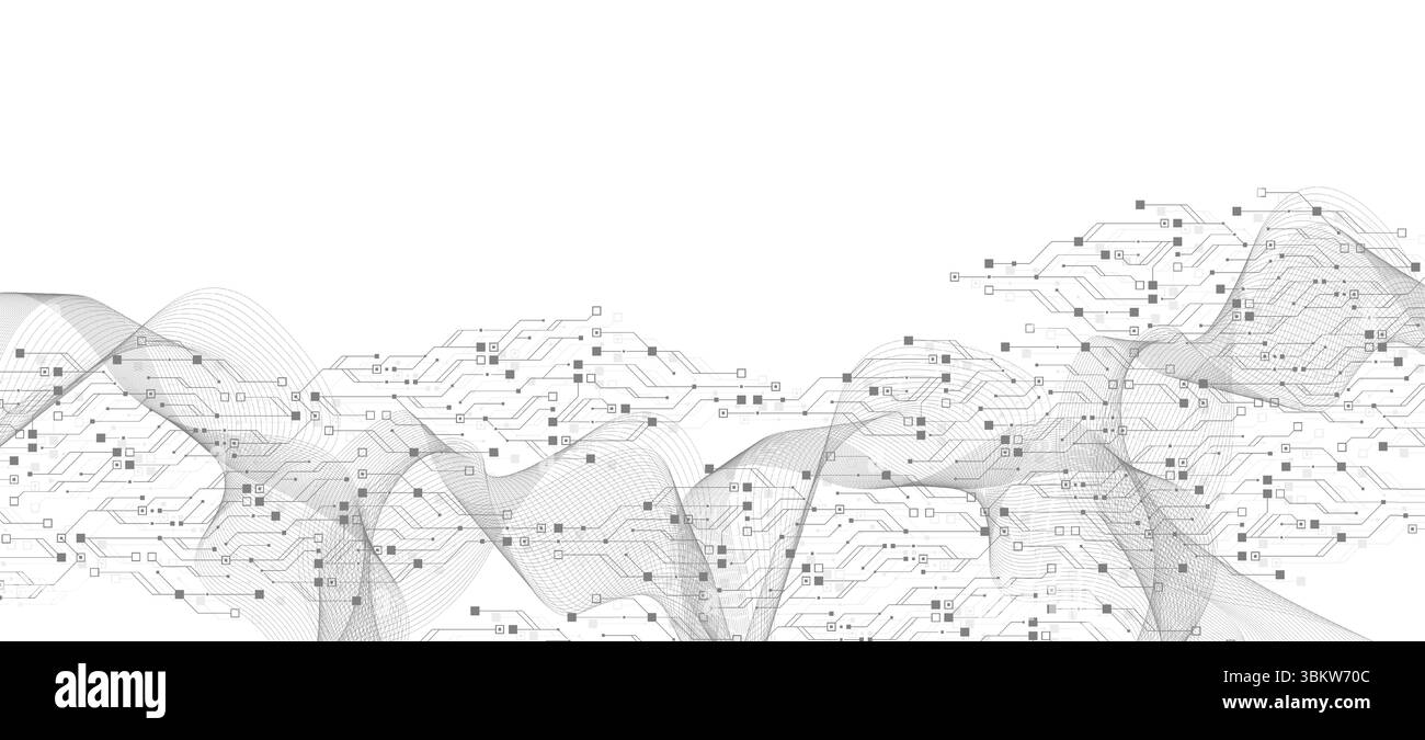 Künstliche Intelligenz oder Vektordesign für maschinelles Lernen. Quantencomputertechnologie-Konzept mit Leiterplatten- und Motherboard-Textur-Hintergrund Stock Vektor