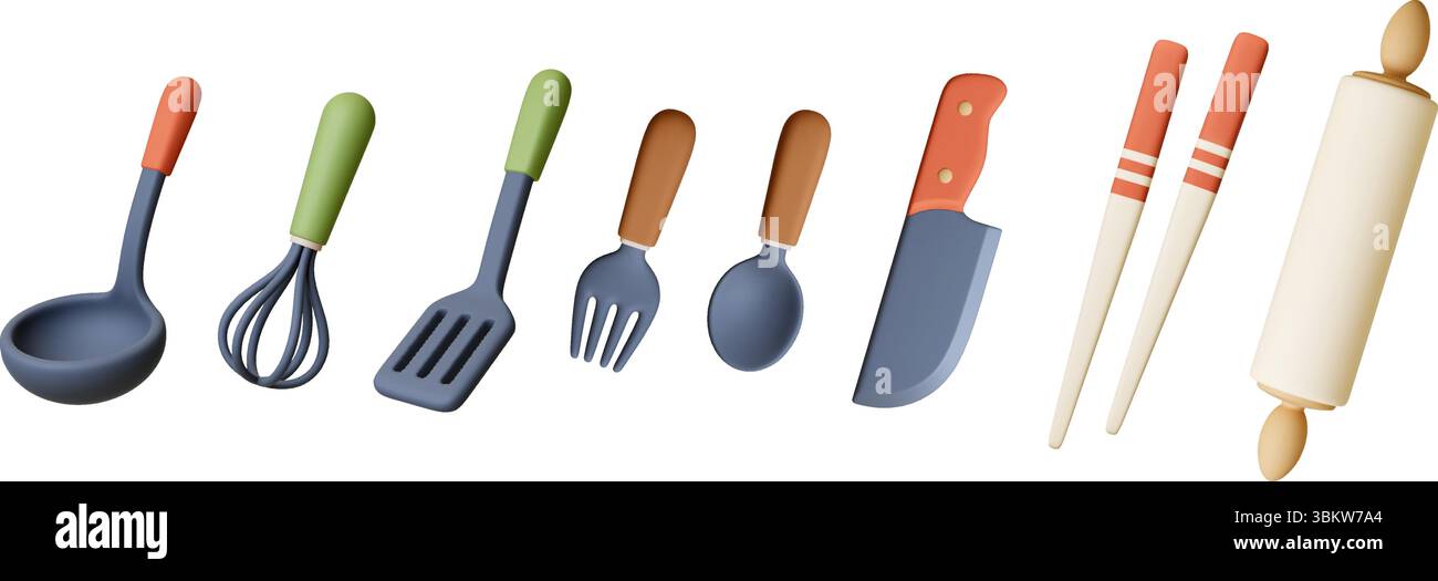 Utensilien 3D-Symbole. Kelle, Spachtel, Rollstift, Schneebesen, Gabellöffel und Messer. Isolierte Küchenwerkzeuge zum Essen und Kochen, trendiger realistischer Vektor Stock Vektor