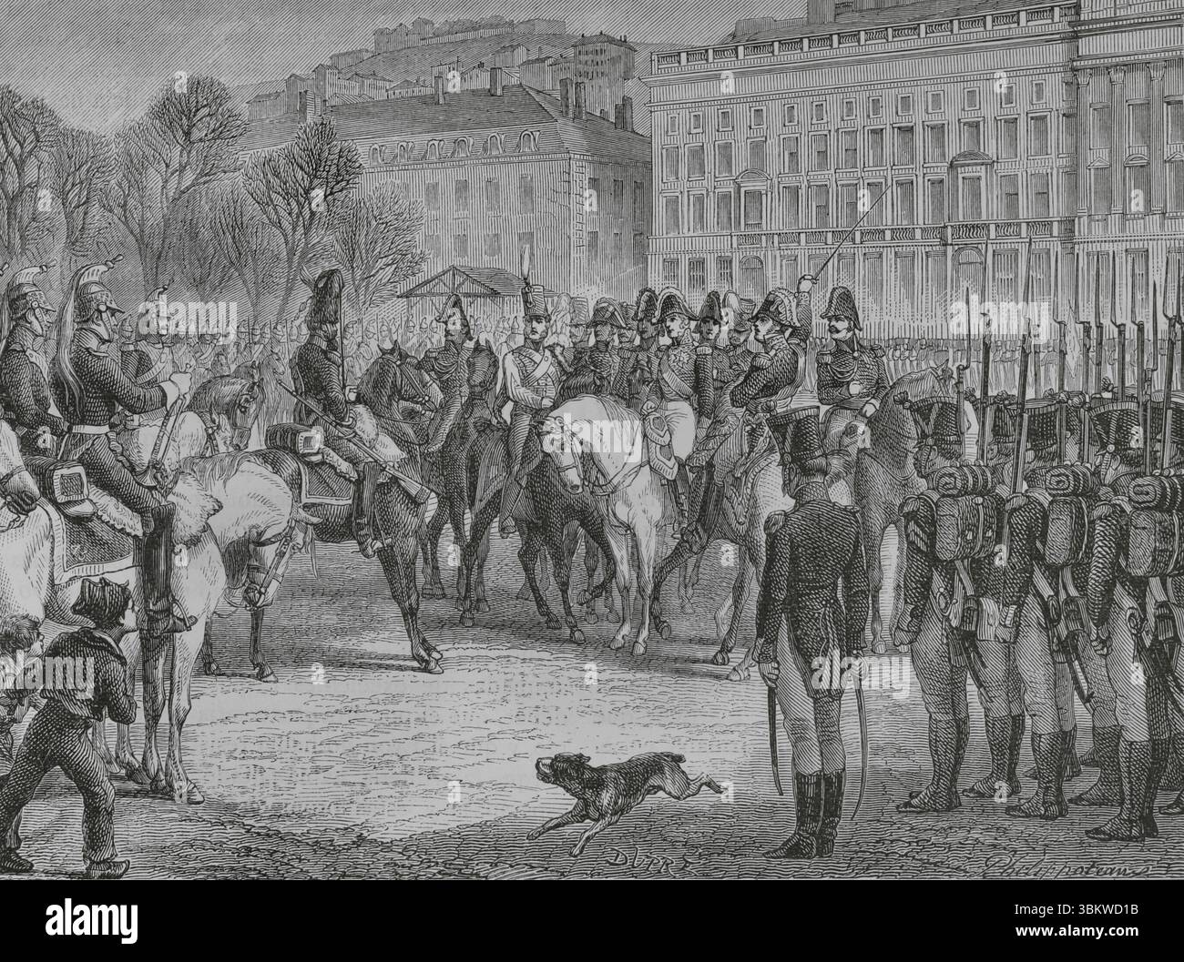 Karl-Philippe, Graf von Artois (1757–1836). König von Frankreich und Navarra (1824–1830) als Karl X. Graf von Artois, Bruder Ludwigs XVIII., besuchte Lyon, um die königlichen Truppen zu überprüfen. Die Soldaten weigerten sich in der Ungewissheit über Napoleons Rückkehr und seine Popularität, den König anzufeuern und vom Grafen überprüft zu werden. Zeichnung von Philippoteaux. Gravur von Dupré. "Histoire du Consulat et de l'Empire" (Geschichte des Konsulats und des französischen Reiches unter Napoleon), von A. Thiers. Band IV. Veröffentlicht in Barcelona, 1879. Stockfoto