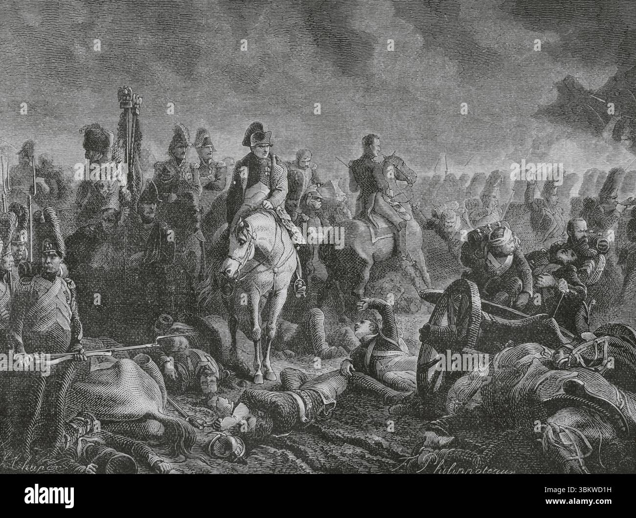 Schlacht von Waterloo. Der Kampf fand am 18. Juni 1815 statt. Napoleon wurde von zwei Armeen der Siebten Koalition besiegt. Waterloo um 23 Uhr: Napoleon auf dem Platz des 1. Regiments der Grenadiere der Garde. Zeichnung von Philippoteaux. Stich von Chapon. "Histoire du Consulat et de l'Empire" (Geschichte des Konsulats und des französischen Reiches unter Napoleon), von A. Thiers. Band IV. Veröffentlicht in Barcelona, 1879. Stockfoto