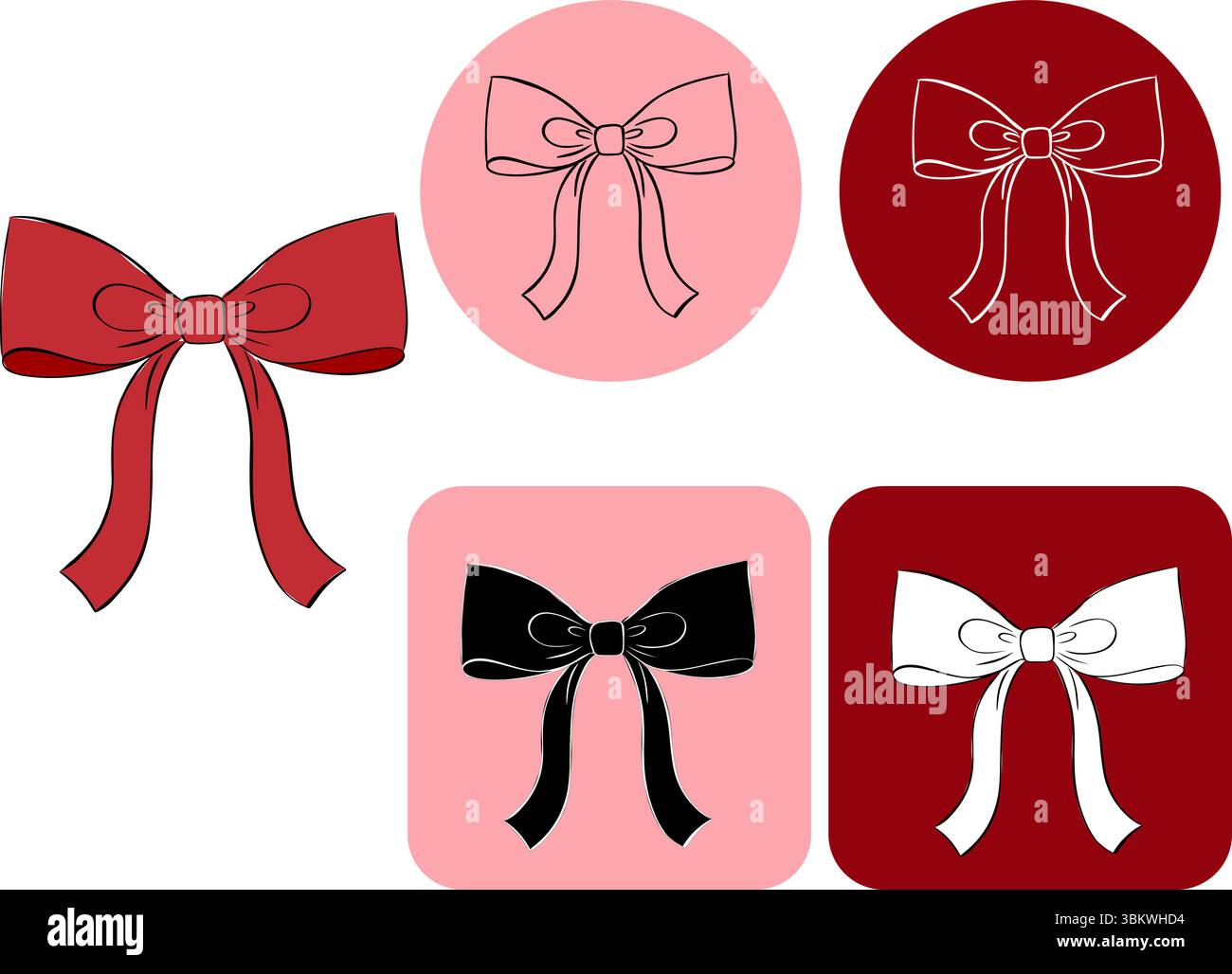 Logotyp mit roter Schleife. Abbildung der grafischen Vektorfarbe. Knoten als Designelement für Feiertagsdesign, Geschenkboxen, Satin-Dekor für Mode Stock Vektor