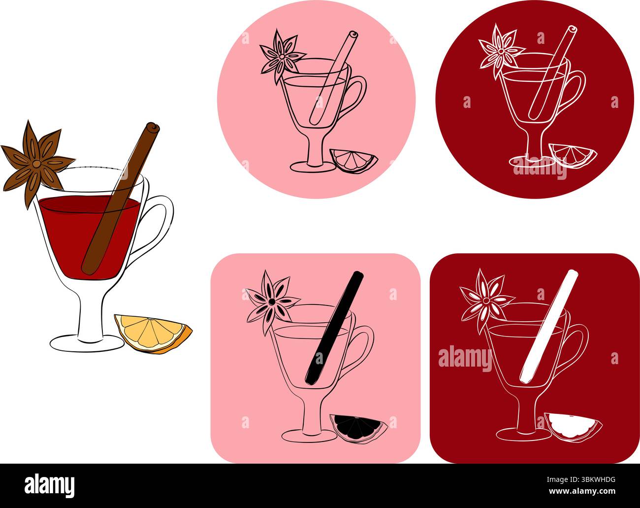 Heißer Glühwein mit Zimt, Sternanis und Orangenlogo. Abbildung der grafischen Vektorfarbe. Heißgetränk mit Zitrusfrüchten und Gewürzen für Poster, Invi Stock Vektor