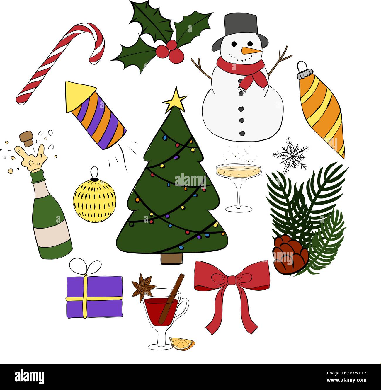 Winter weihnachtsartikel farbige runde Komposition Logotype. Abbildung der grafischen Vektorfarbe. Banner, Poster, Geschenkpapier, Aufkleber, Druck, moder Stock Vektor