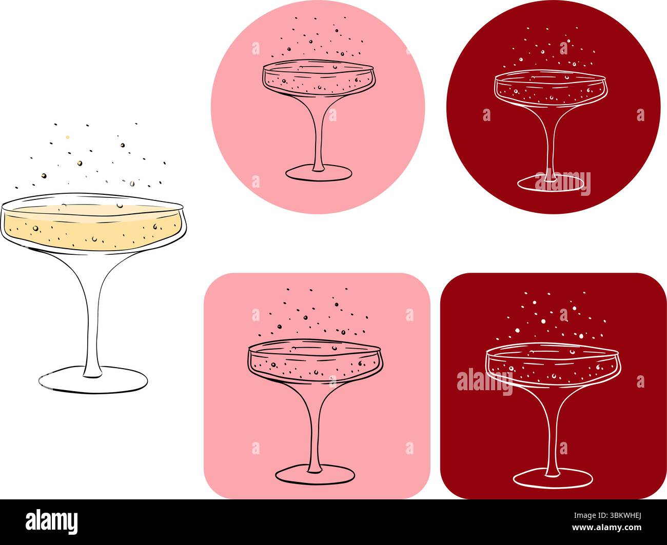 Sektglas mit Logoschriftzug. Abbildung der grafischen Vektorfarbe. Perfekt für Karten, Dekorationen, Aufkleber, Logo, Menü, verschiedene Designs. F Stock Vektor