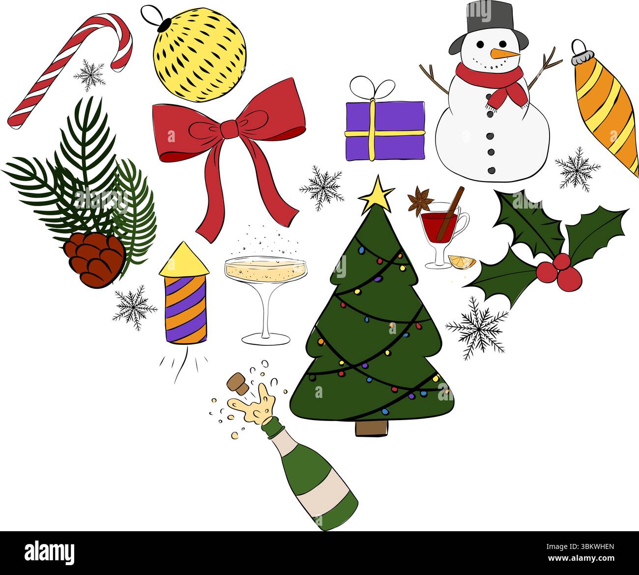 Weihnachtsartikel Herzkomposition farbiger Schriftzug. Abbildung der grafischen Vektorfarbe. Perfekt für Karten, Dekorationen, Aufkleber, Logo, Menü, Variou Stock Vektor