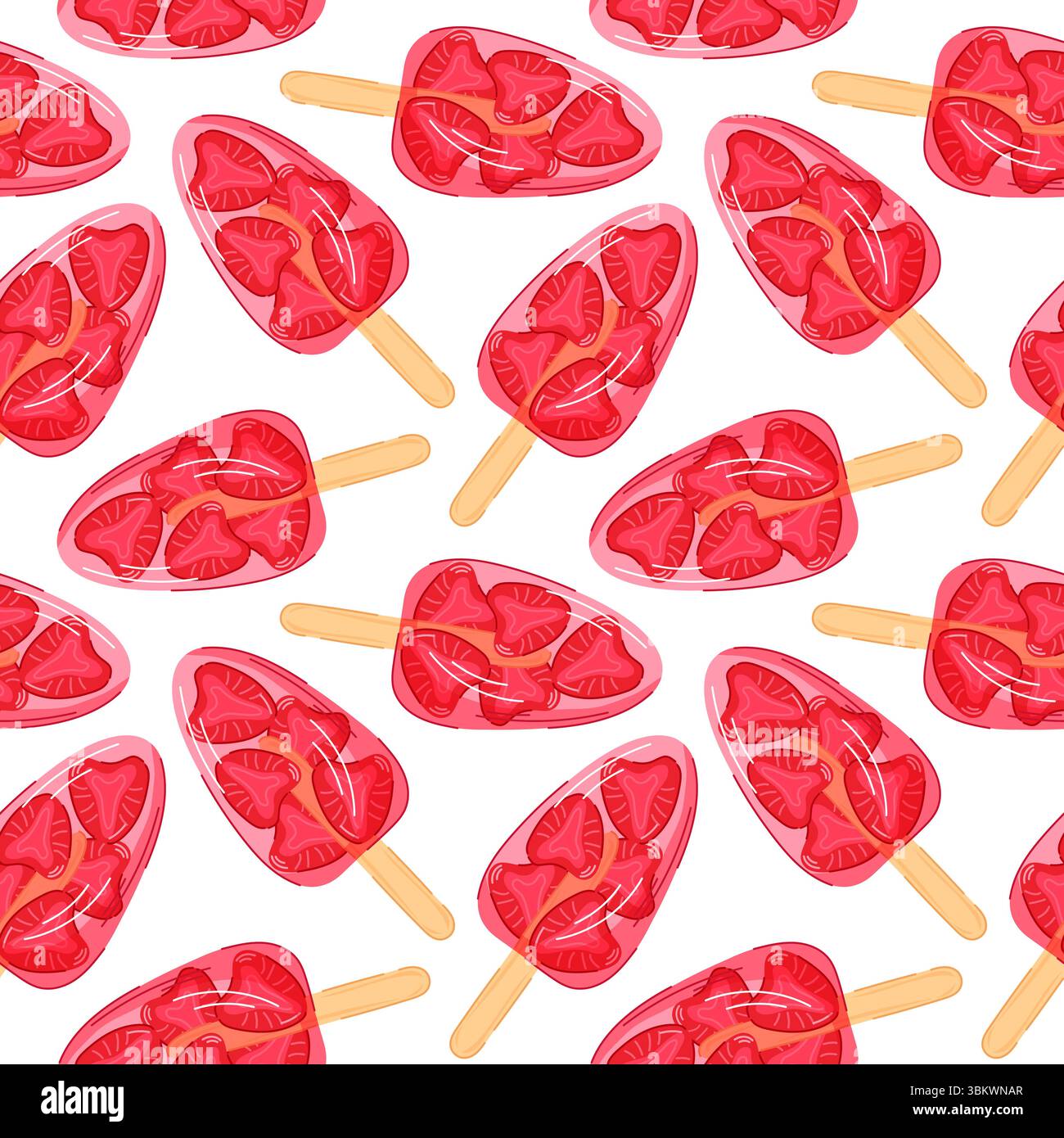 Nahtloses Muster von rotem Erdbeermotiv mit Fruchtscheibe auf weißem Hintergrund. Perfekt für die Verpackung von Dessert-Cafés im Sommer und für süße Leckereien. Stock Vektor