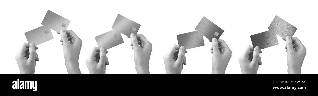 Bankkarte in der Hand gehalten. Hochwertige, elegante Kredit- und Debitkarten aus Kunststoff in Grau-, Schwarz- und Grautönen. Online-Zahlung, Überweisung, Einkaufen, Kauf, Stockfoto