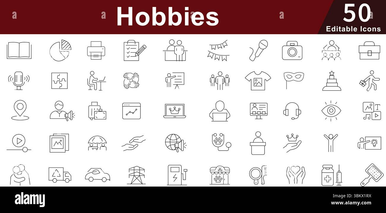 Hobbys Icon Set - 50 bearbeitbare Freizeitaktivitäten Icons für kreatives Kunsthandwerk, Sport und Unterhaltung Vector Collection Stock Vektor