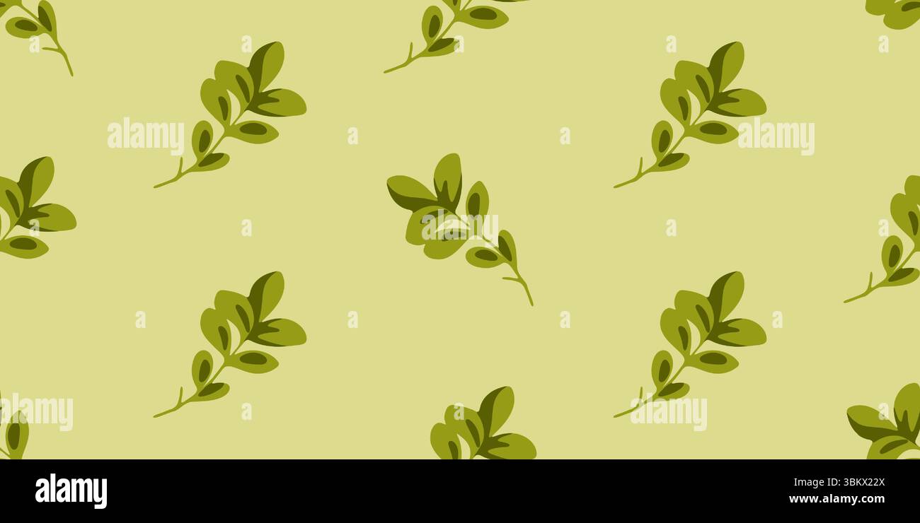 Stilisierte grüne Blattzweige in nahtloser Wiederholung angeordnet. Flaches, von der Natur inspiriertes botanisches Muster auf hellgrünem Hintergrund. Stock Vektor