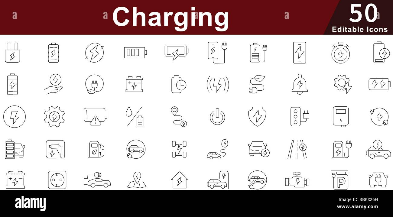 Ladesymbolsatz – 50 bearbeitbare Energiesymbole für Elektrofahrzeuge, mobile Geräte und Vektorsammlung für erneuerbare Energien Stock Vektor