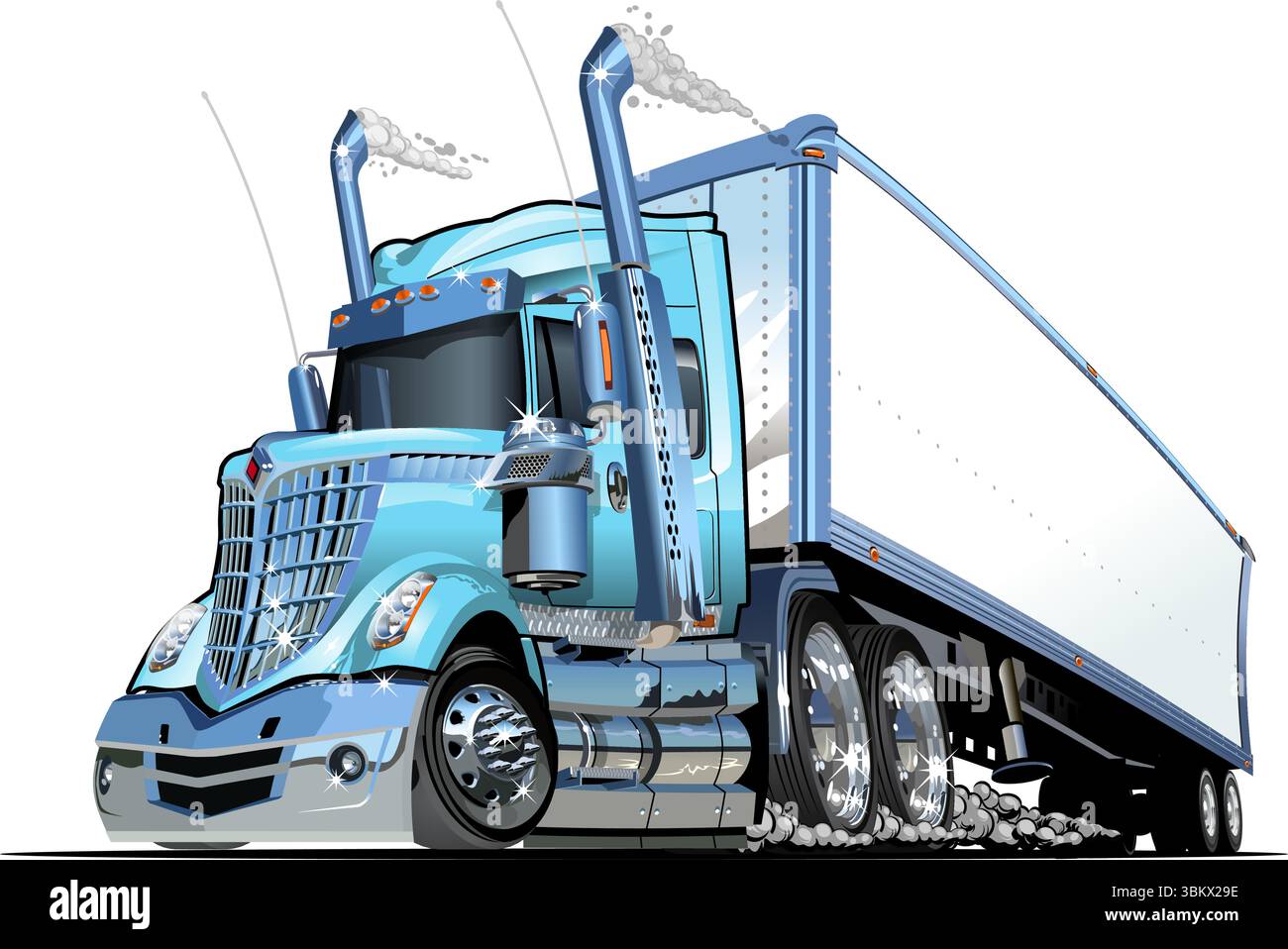 Cartoon Cargo Semi-Truck. Verfügbares EPS-10-Vektorformat, das durch Gruppen und Ebenen getrennt ist, mit Transparenzeffekten für eine Neufärben mit einem Klick Stock Vektor