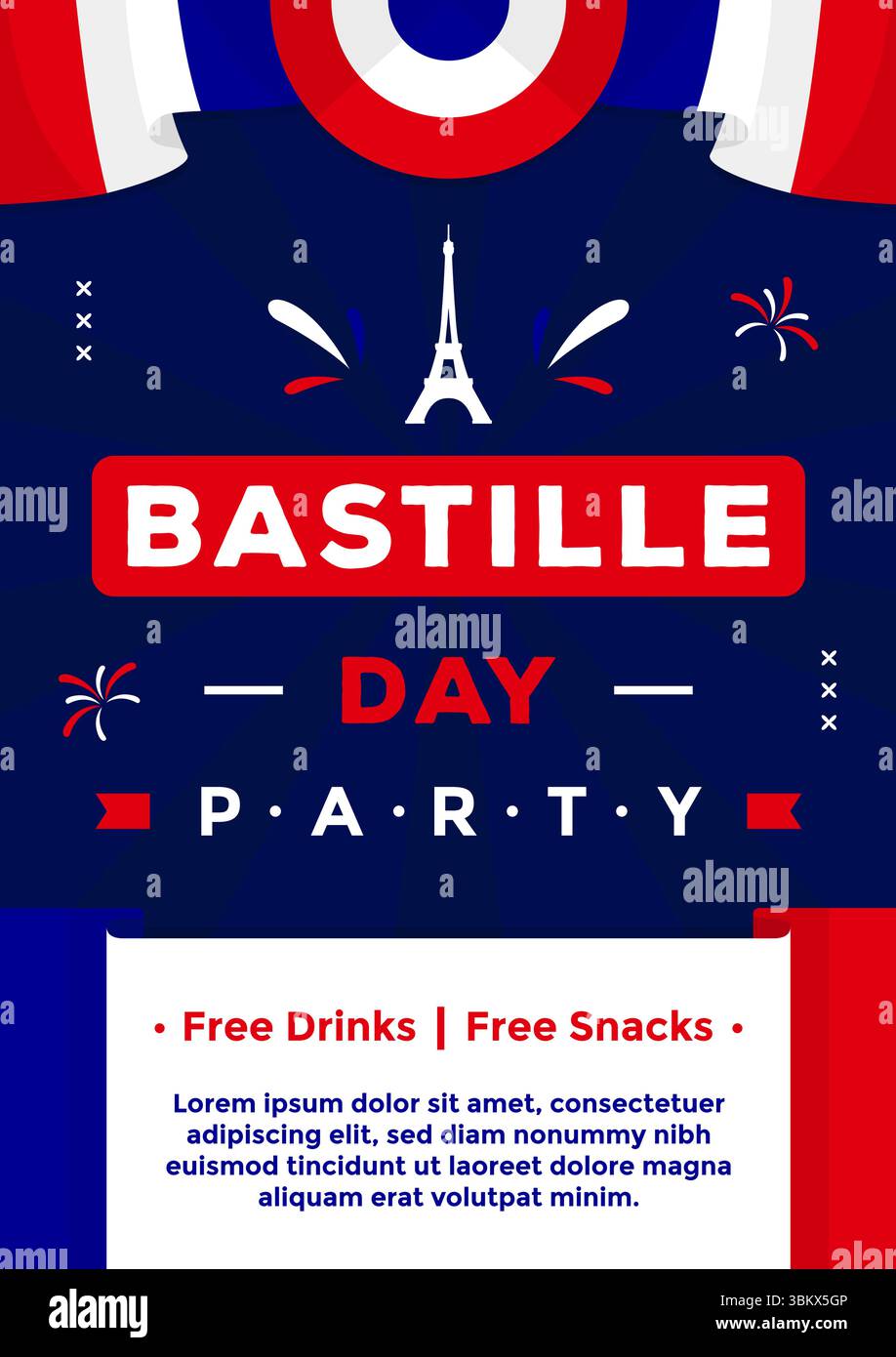 Bastille Day Poster Vorlage mit Frankreich Fahnenfarbe und eine Illustration des Eiffelturms auf vertikalem dunkelblauem Hintergrund Stock Vektor