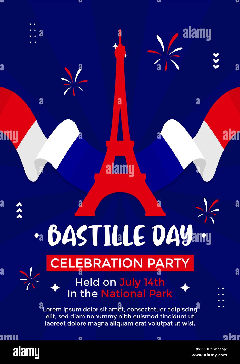 Plakatschablone mit flacher Illustration des Eiffelturms auf roter Farbe und der französischen Flagge mit gewelltem Design Stock Vektor