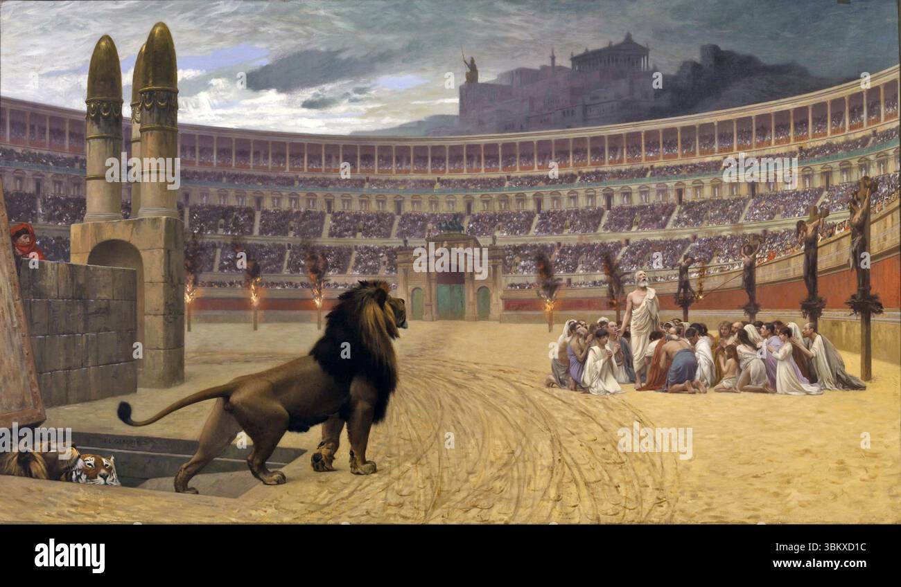 Das letzte Gebet der christlichen Märtyrer (französisch La Dernière Prière des Martyrs chrétiens), auch bekannt als die christlichen Märtyrer und das letzte Gebet, ist ein Gemälde des französischen Malers Jean-Léon Gérôme aus dem Jahr 1883. Stockfoto