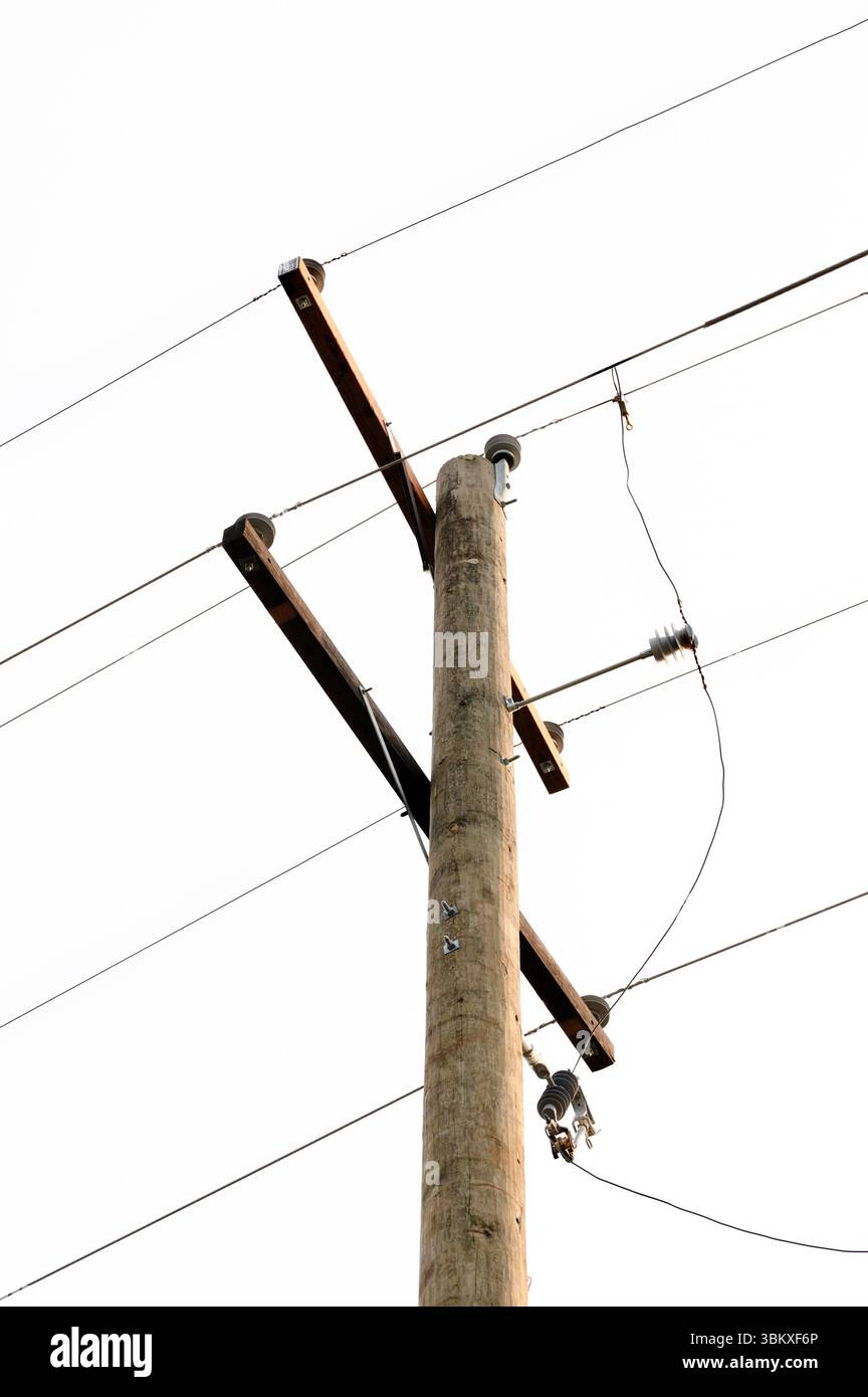 Telefonmast mit elektrischen Kabeln am weißen Himmel Stockfoto
