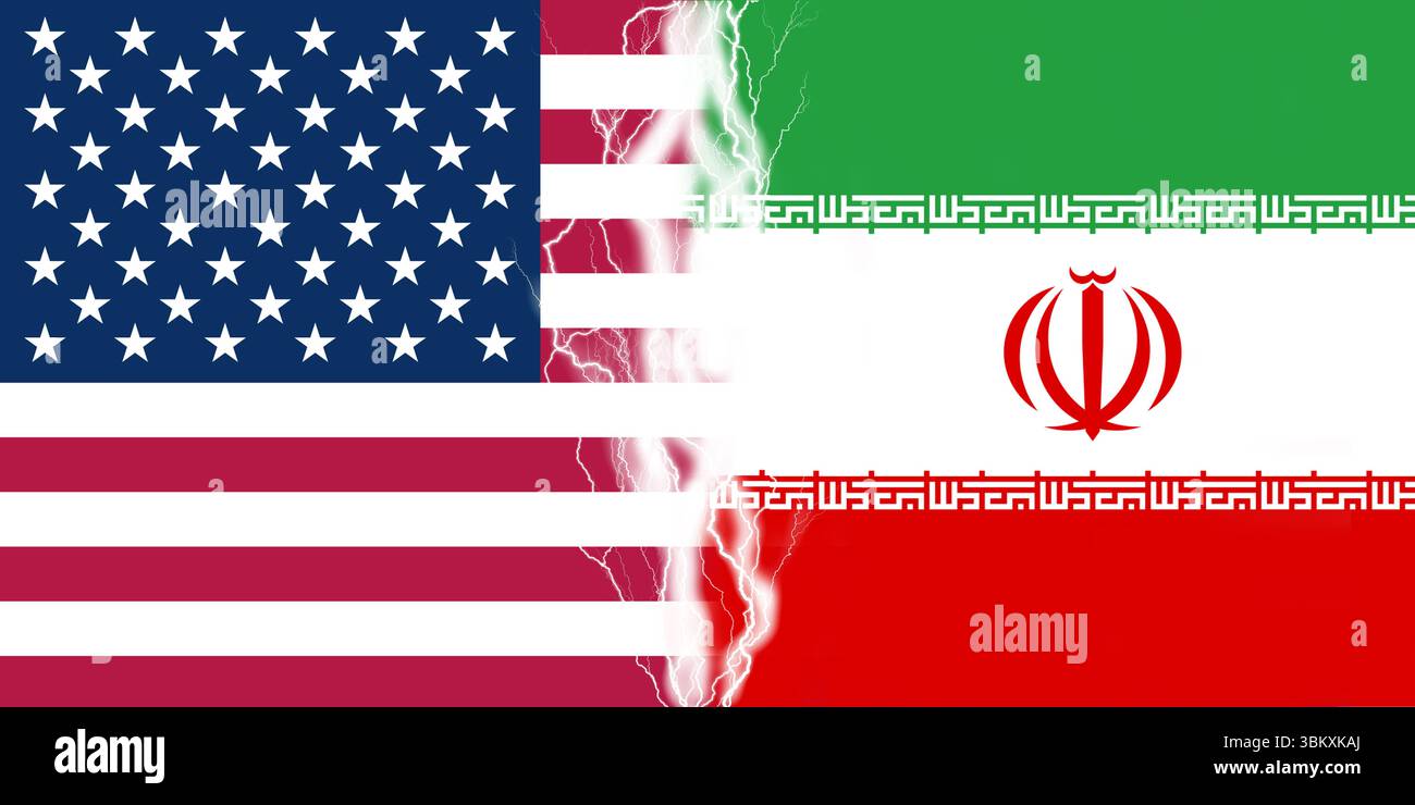 Lichter wirken zwischen den Flaggen der USA und des Iran. Das Konzept des Konflikts zwischen zwei Nationen, Washington und Teheran. Stockfoto
