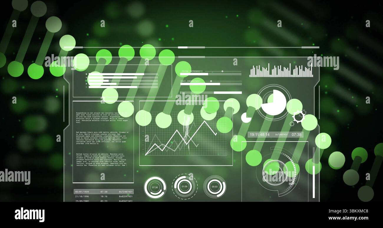 Anzeige des durchsichtigen Dashboards, das in der Datenschnittstelle arbeitet, mit DNA-Helix, Diagrammen und Datenpunkten Stockfoto