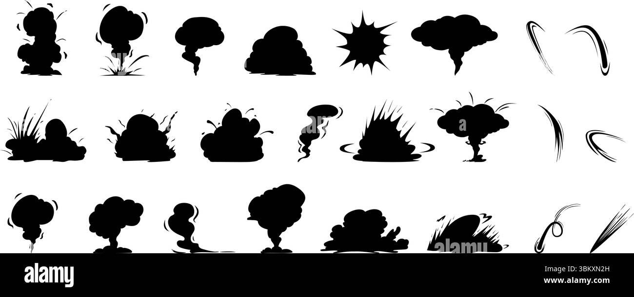 Silhouetten mit schwarzen Explosionen. Isolierte Rauchsymbole, Explosion, Dampf und Nebel. Verschiedene Effekte für Spiele und Dekor, energische Blitze, Vektor Stock Vektor