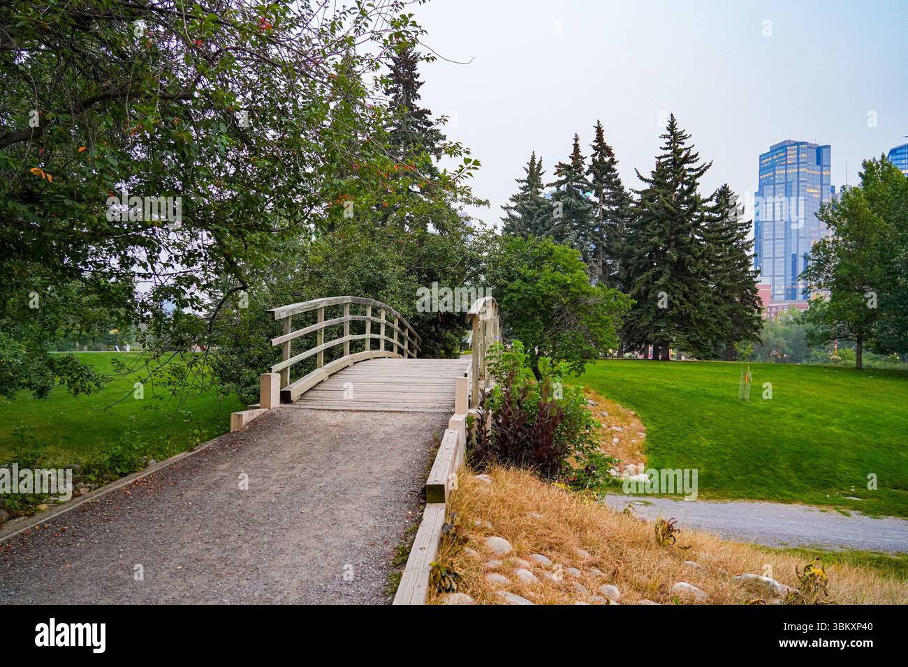 Fußgängerbrücke im Prince's Island Park in Calgary, Alberta, Kanada Stockfoto