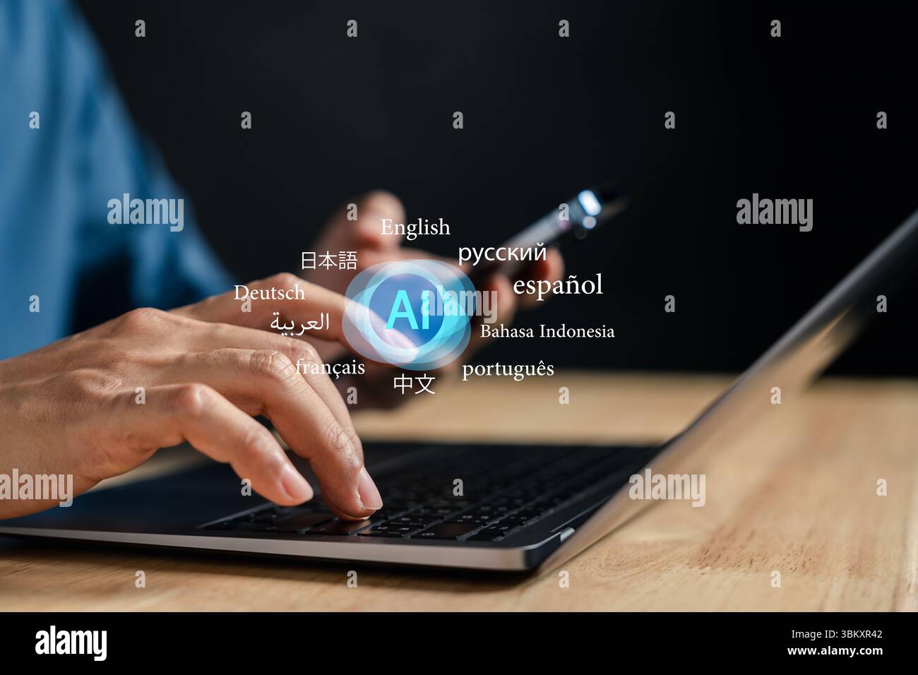 KI-Übersetzungsoberfläche mit beweglichen Sprachelementen. Künstliche Intelligenz für mehrsprachige Kommunikation, Lokalisierung und Echtzeit Stockfoto