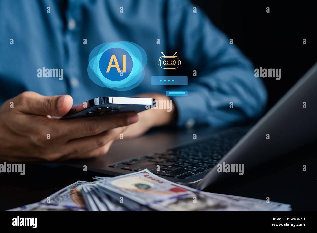 KI-Technologie zur Einkommensgenerierung mit mobilen Geräten. Geschäftsmann nutzt KI-Generator, um digitalen Wert zu schaffen, Aufgaben zu automatisieren und online zu verdienen Stockfoto