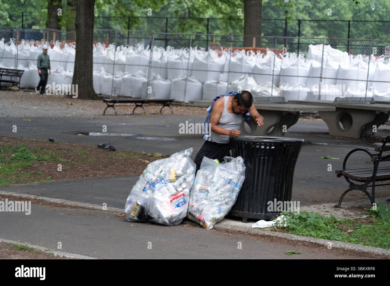 Ein fleißiger Behälter und Flaschensammler gräbt sich in einen Abfalleimer auf dem Paradegelände in Brooklyn, New Yortk. Stockfoto