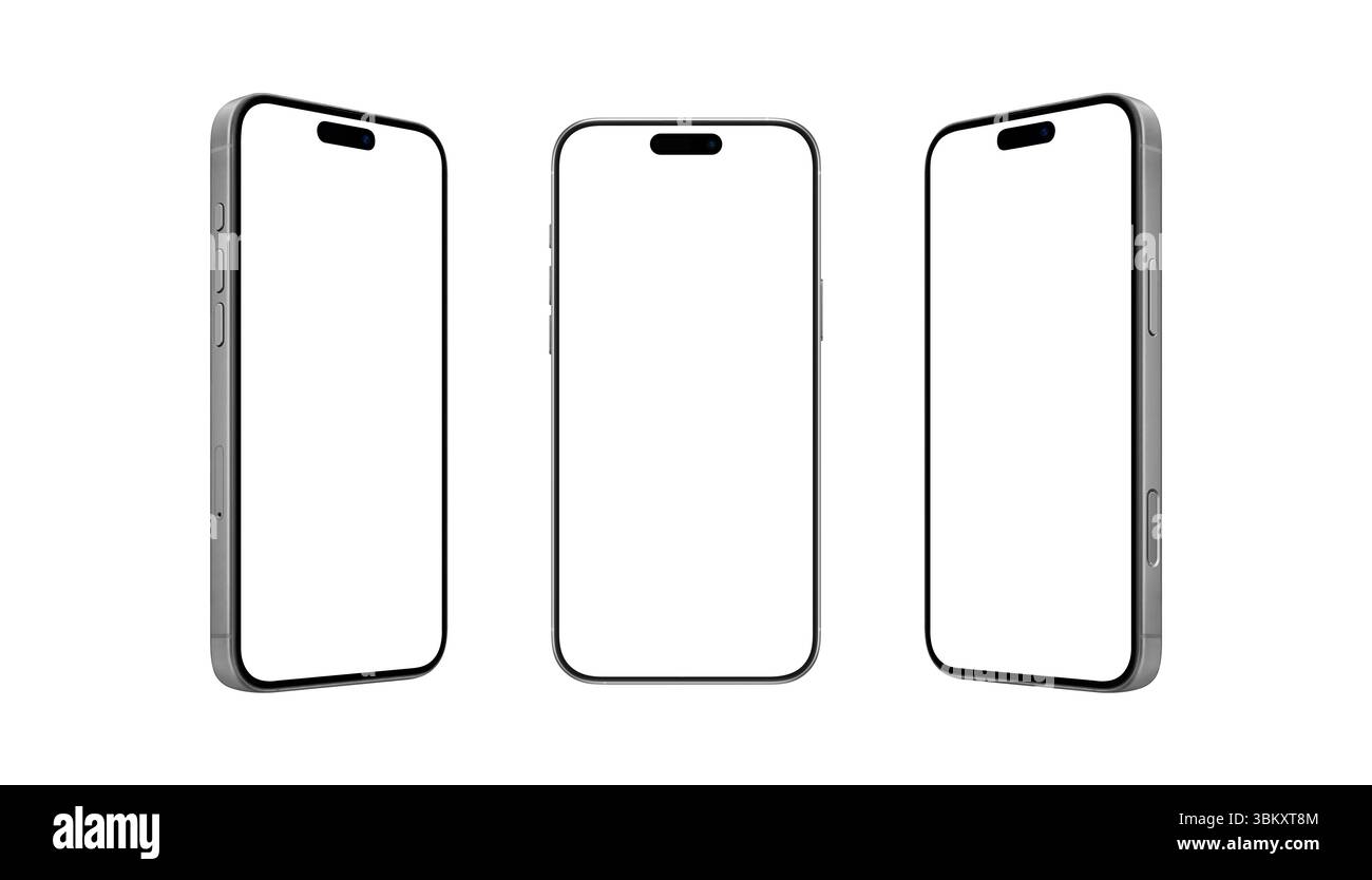 Monochrom-Mockup-Trio für Mobiltelefone mit leeren Bildschirmen. Perfekt für UI-Präsentationen, App-Demos oder elegante Produktdesign-Vorschauen Stockfoto