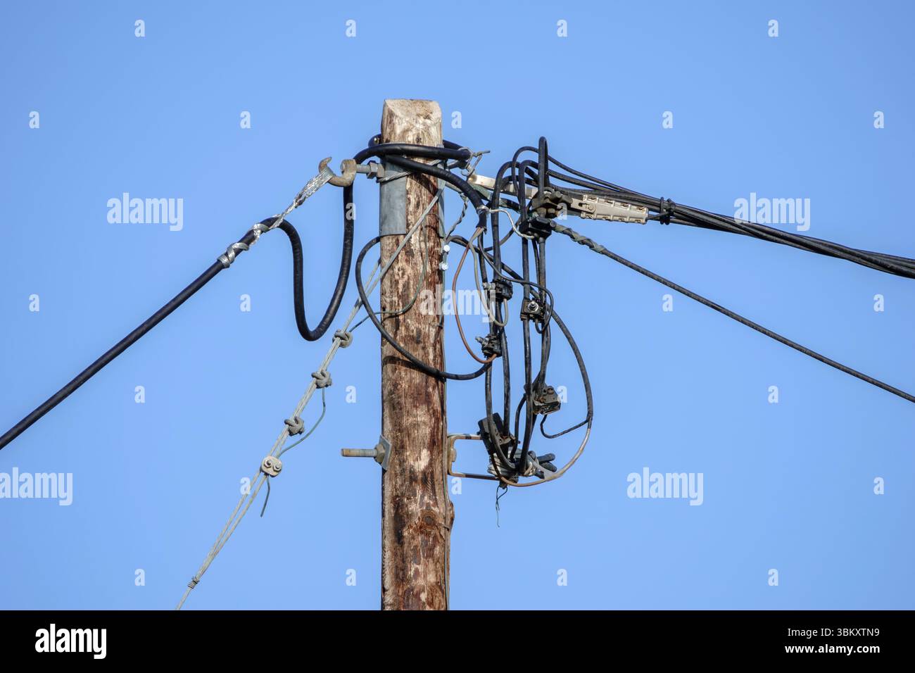 Ein Kabelgewirr von Stromkabeln auf einem hölzernen Pylon Stockfoto