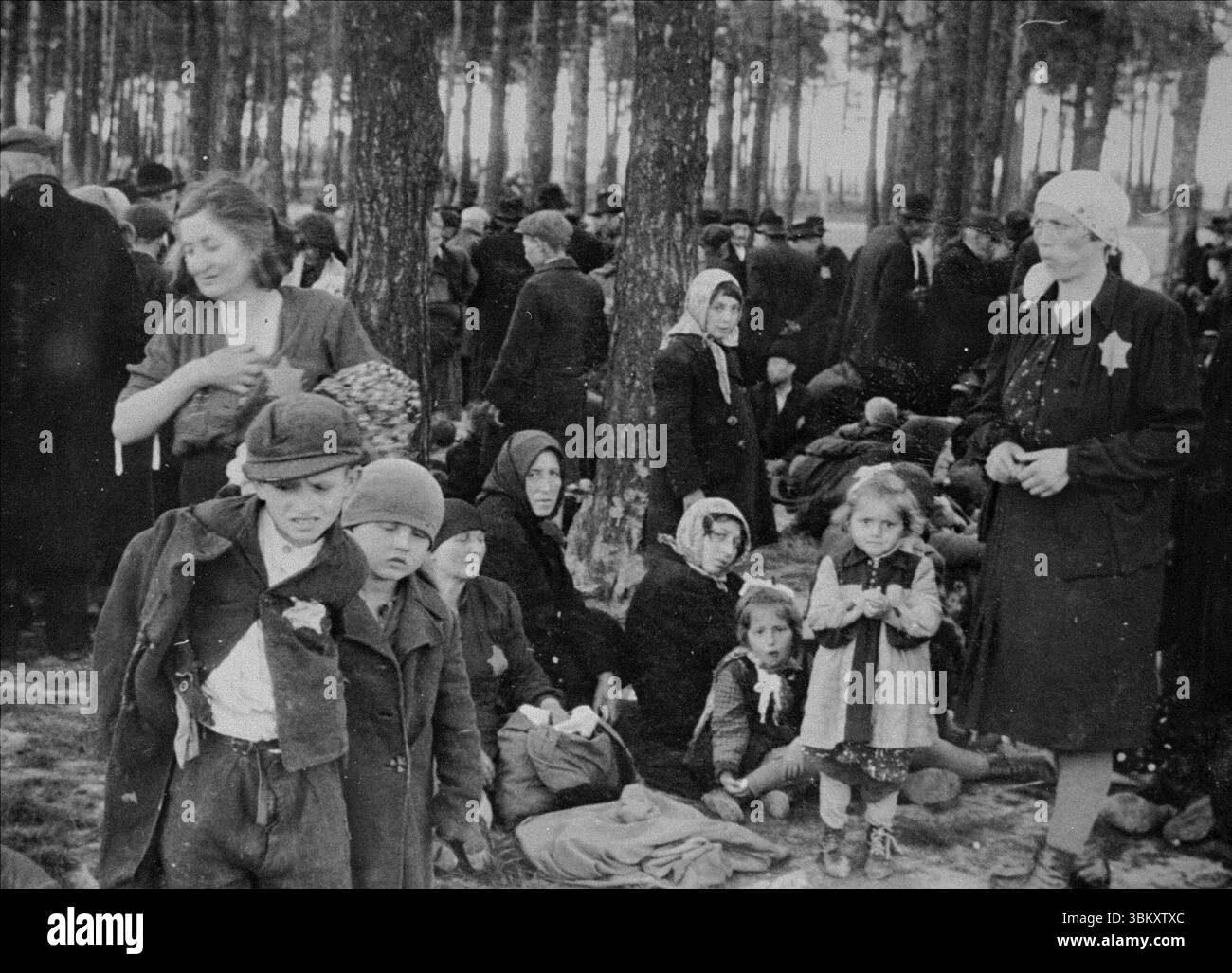 AUSCHWITZ, POLEN - Mai 1944 - Juden aus Unterkarpaten Rus, die in Auschwitz-Birkenau zum Tode ausgewählt wurden, warten auf einer Rodung in der Nähe eines Hains Stockfoto
