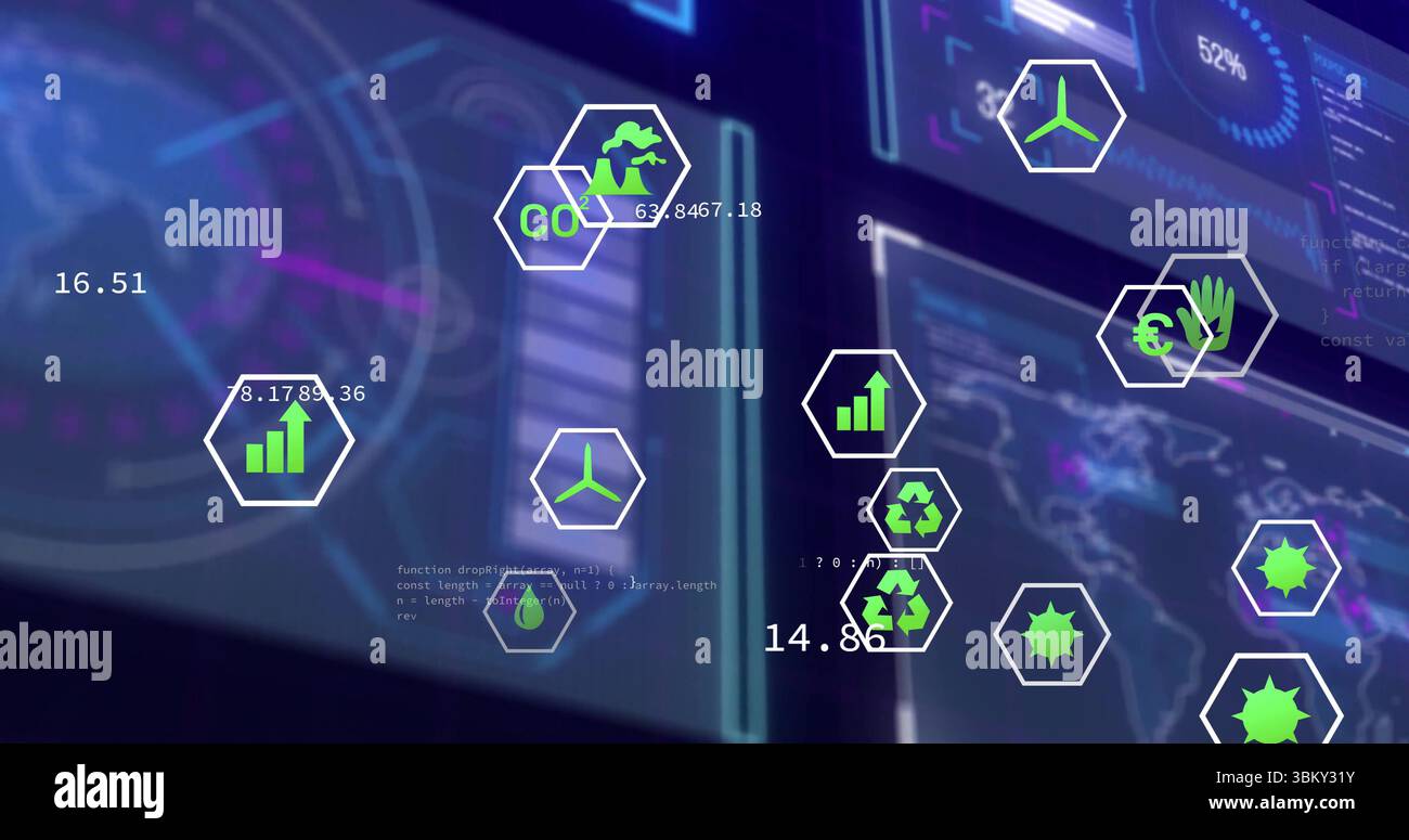 Anzeige der digitalen Umwelt-Dashboard-Überlagerung im Kontrollraum mit sechseckigen Symbolen auf der Benutzeroberfläche Stockfoto