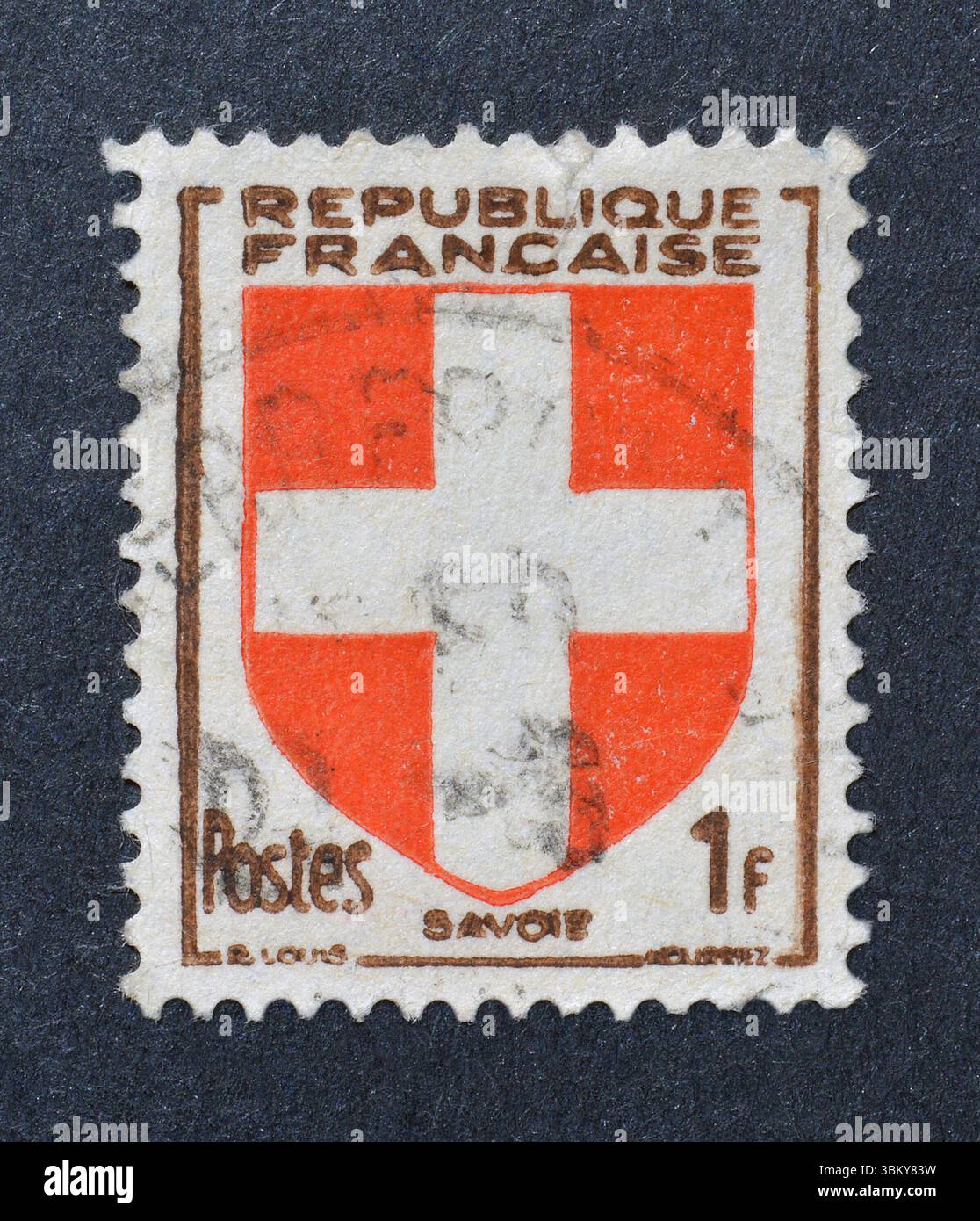 Gestempelte Briefmarke, gedruckt von Frankreich, auf der Wappen - Savoie, um 1949 zu sehen sind. Stockfoto