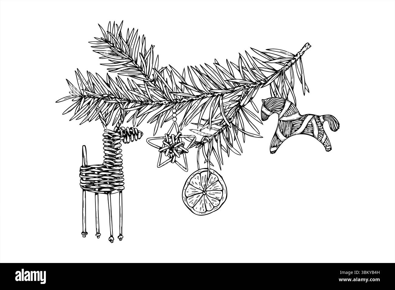 Rentierfigur aus Weidengeflecht schwarz-weiße Vektor-Illustration. Skandinavische Yule-Traditionen. Weihnachtshirsch, Holzgrafik für nordische Feiertage Stock Vektor