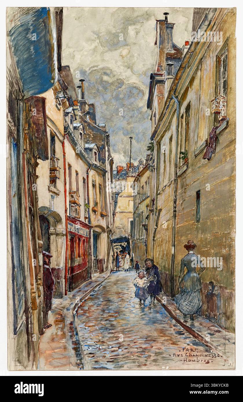 Malerei in Gouache Aquarelle, Rue Chanoinesse, en 1905. 4. Arrondissement Paris Frankreich des französischen Künstlers Frédéric Anatole Houbron, Kunstwerk Vintage-Druck Anfang des 20. Jahrhunderts Stockfoto
